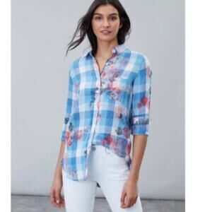 Joules 100% Linen Plaid Floral Print Button Down Shirt Size US 8 Blue Preppy